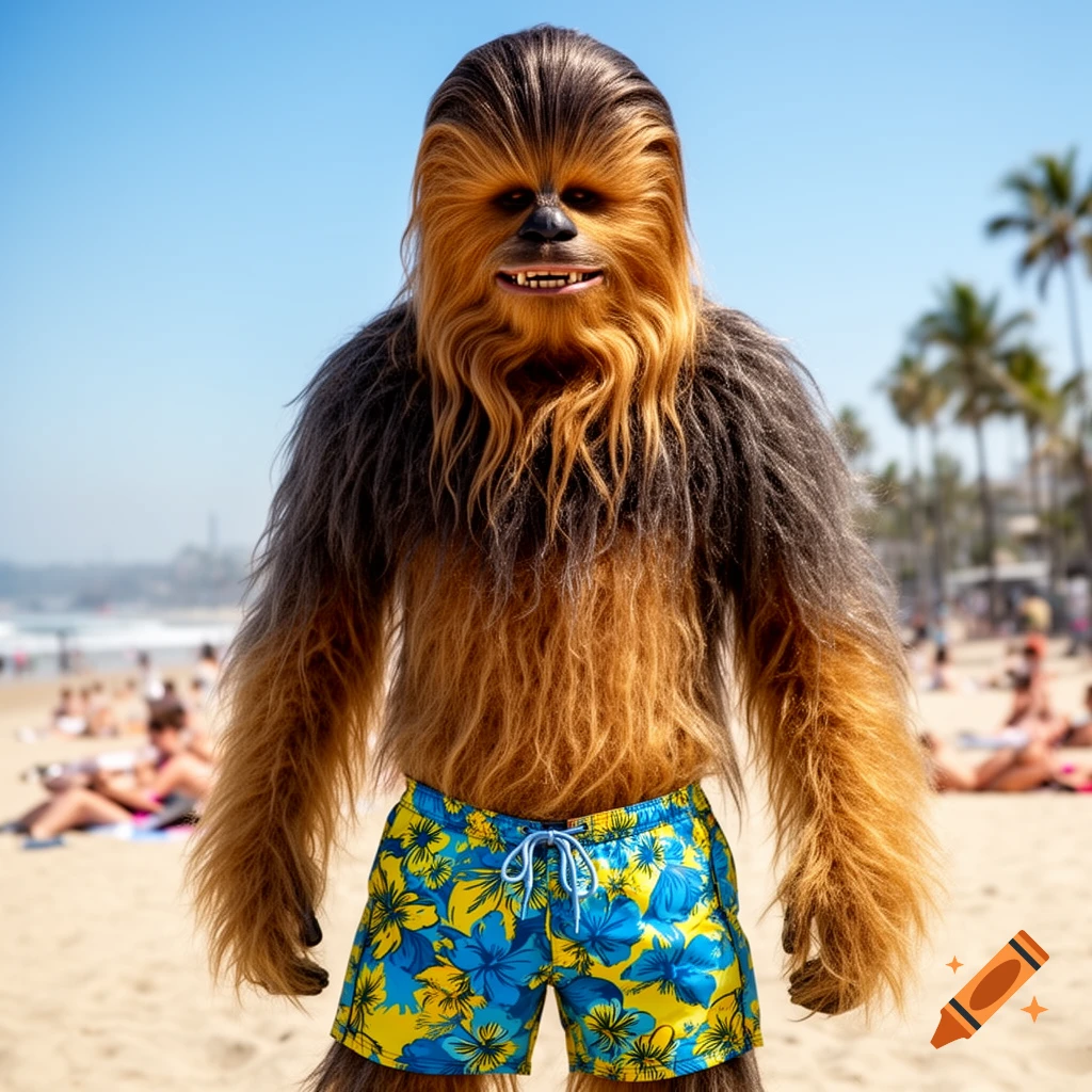 Photorealistic Chewbacca in blue and yellow floral board shorts smiles on a sunny beach.