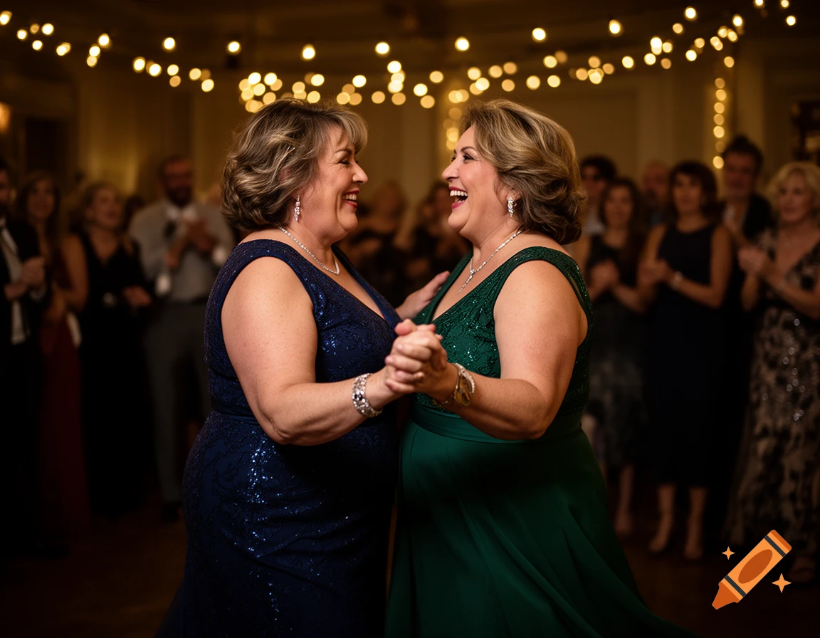 Two smiling women in formal dresses dance closely at an evening party, lit by string lights.