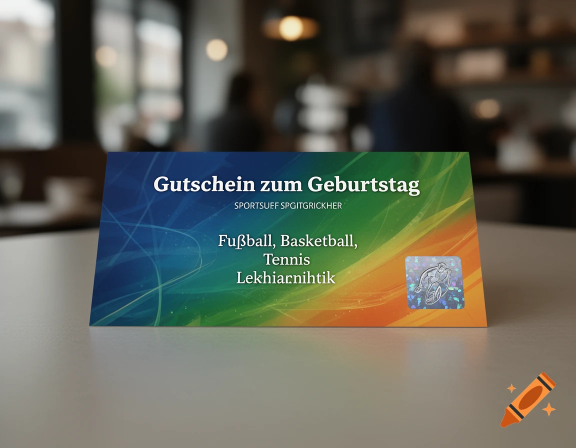 Photorealistic gift voucher for sports events on a table, with 'Gutschein zum Geburtstag' text and colorful design.