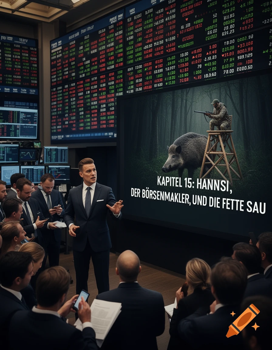 A man in a suit gives a presentation in a stock exchange office with large screens displaying financial data and a slide showing a hunter and a wild boar.