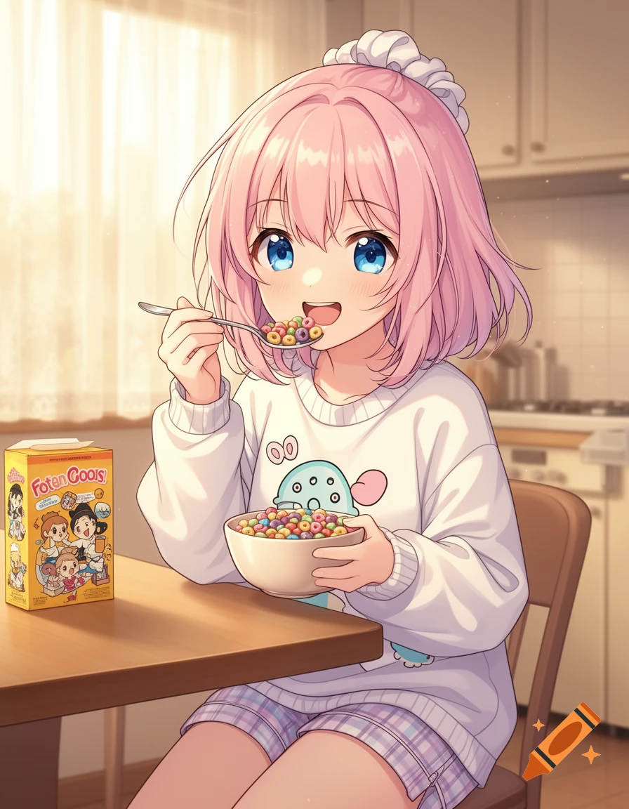 An anime girl with pink hair and blue eyes, wearing pajamas, happily eats colorful cereal from a bowl at a wooden table in a brightly lit kitchen.