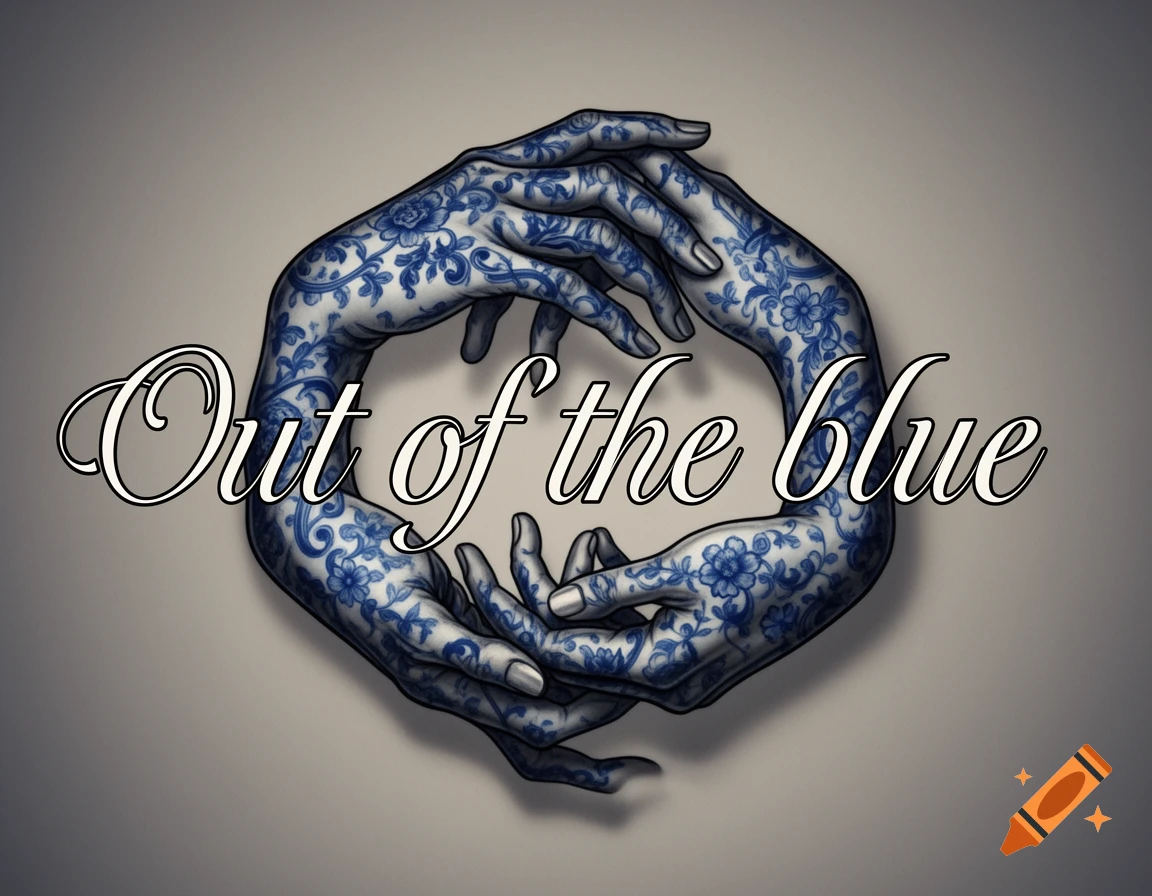Stylized hands with blue china patterns forming a circle, framing the text 'Out of the blue' in a script font.