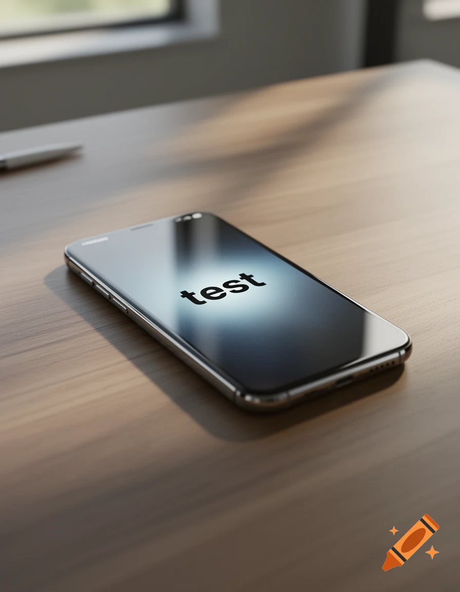 A smartphone with 'test' on its screen lies on a wooden desk, lit by light from a window, in a photorealistic style.