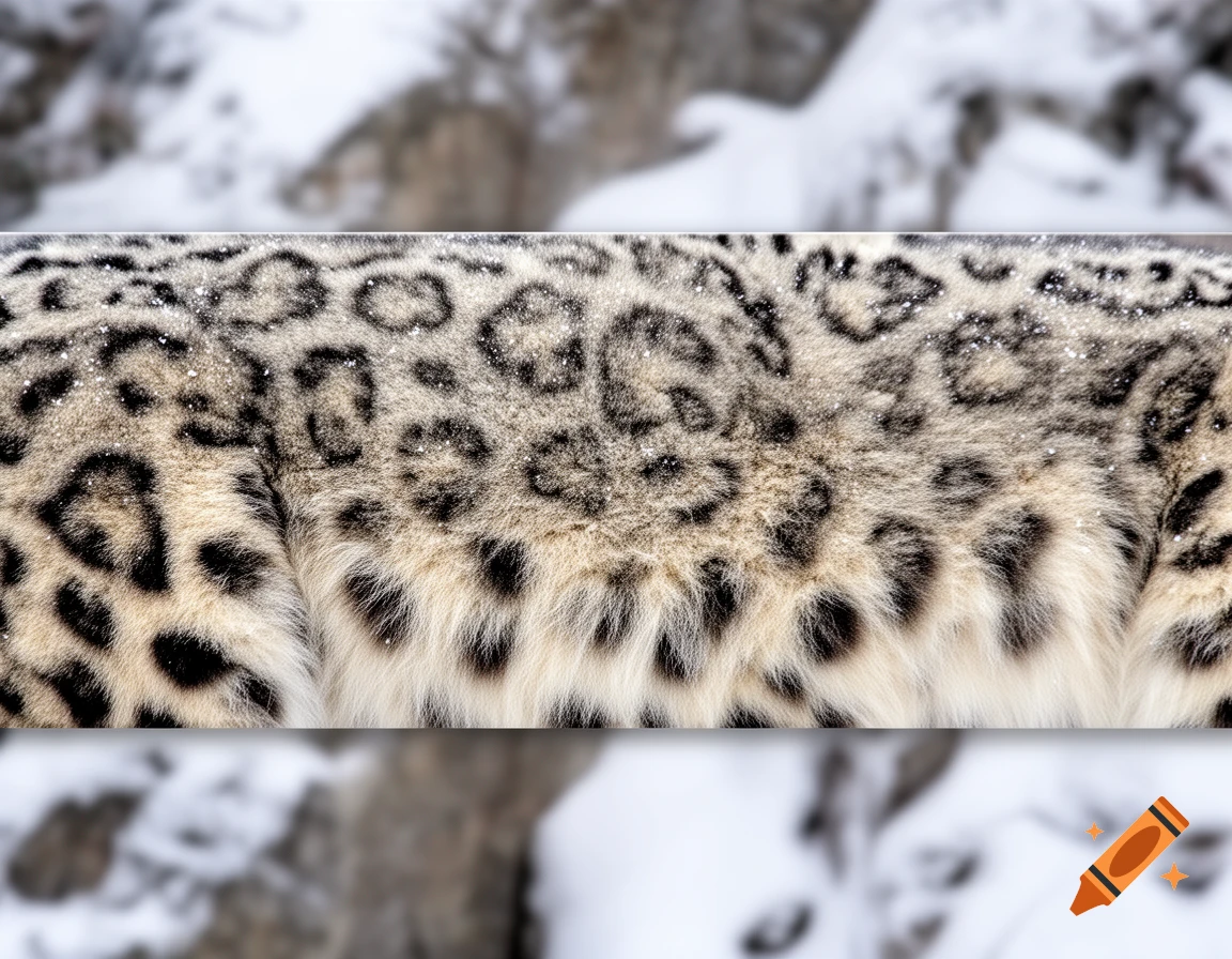 Close-up of a snow leopard's white fur with black rosettes, lightly dusted with snow, against a blurred snowy background.