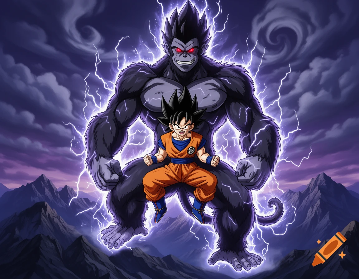 Anime image of Goku sitting in front of a giant, dark ape-like creature with red eyes and purple lightning, against a stormy mountain backdrop.