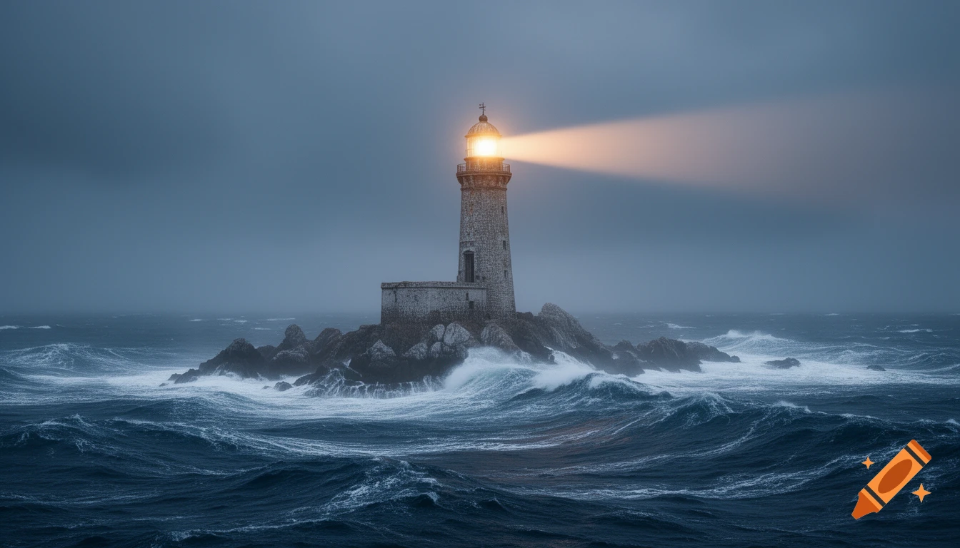 A photorealistic stone lighthouse stands in a stormy, dark blue ocean, its warm light piercing the overcast sky.