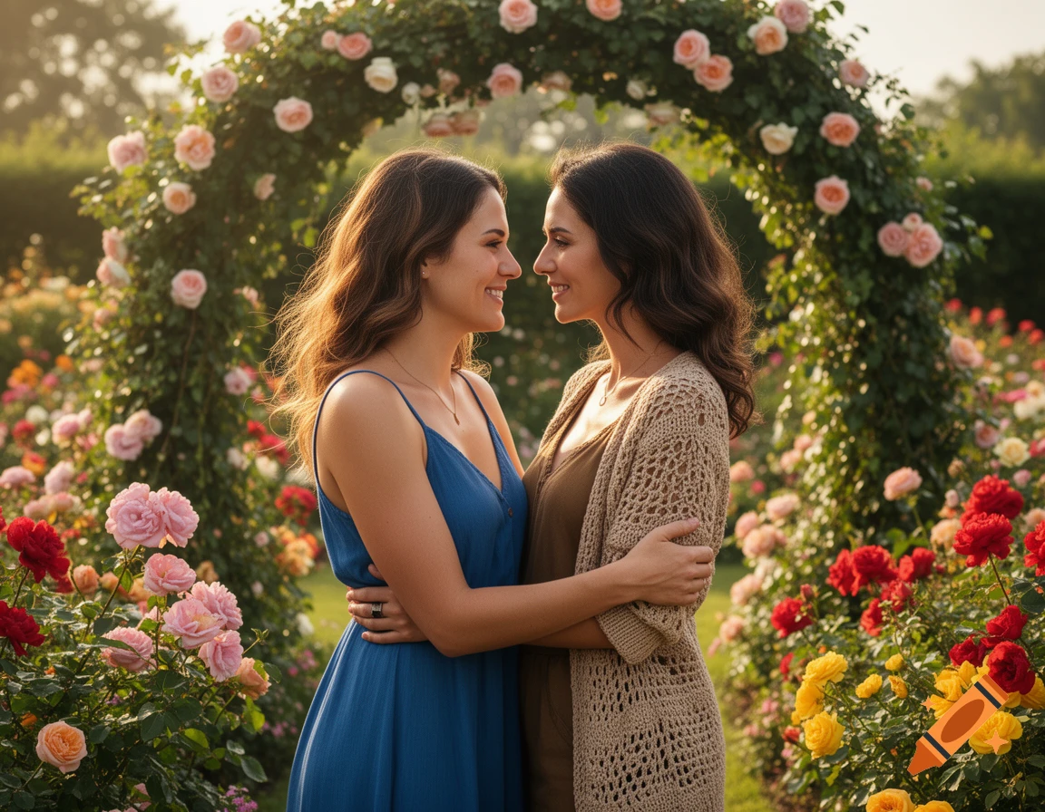 Two women embrace and smile at each other in a beautiful sunlit rose garden with a floral arch.