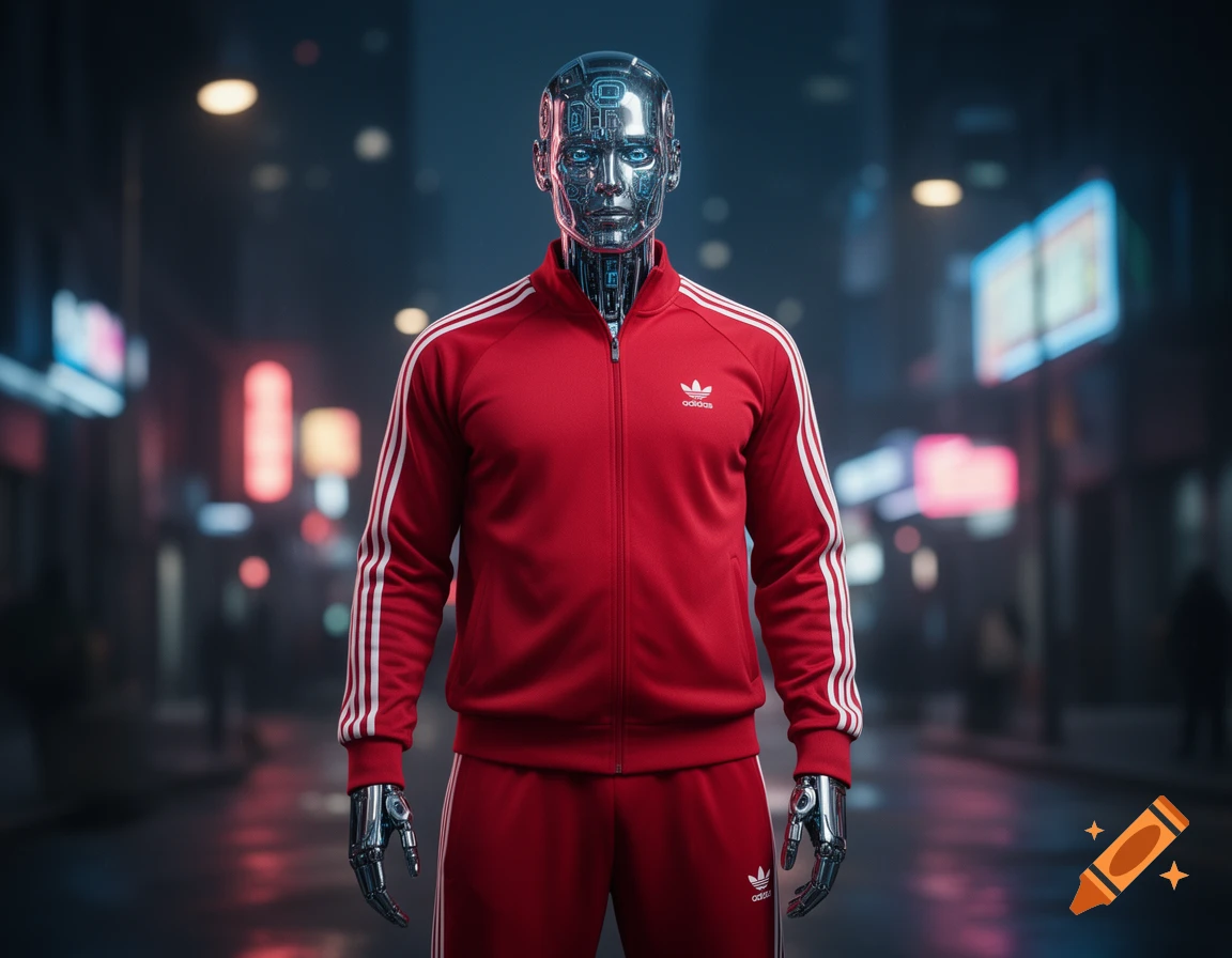 Photorealistic robotic figure in a red Adidas tracksuit standing on a futuristic city street at night.