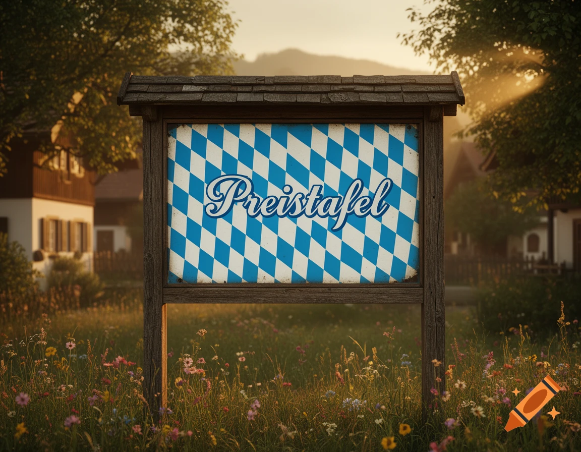 A wooden sign with "Preistafel" in blue script over a blue and white Bavarian rhombus pattern, stands in a field of wildflowers with distant houses and trees at sunset.