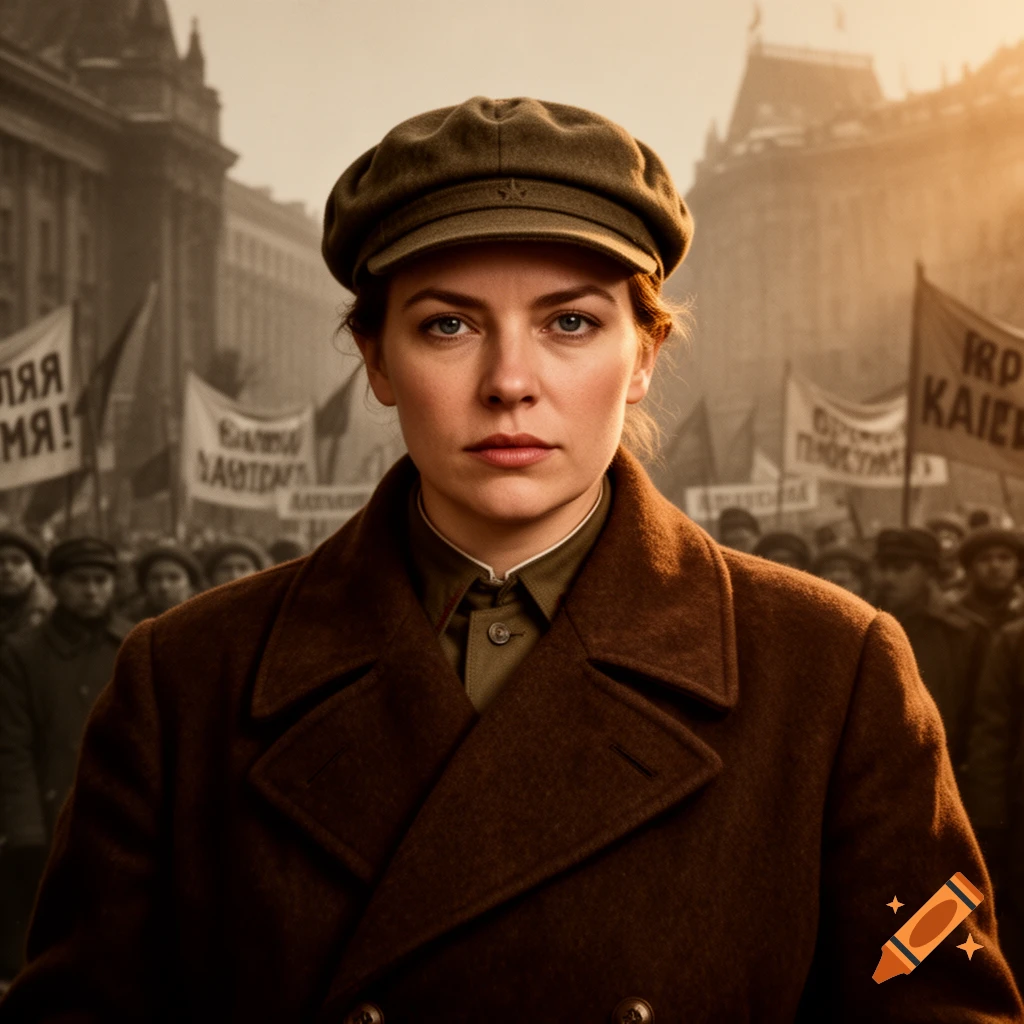 A photorealistic portrait of a woman in a brown military-style coat and cap, standing in front of a crowd with banners.