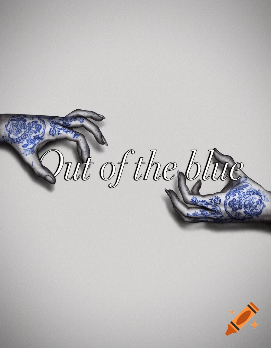 Two stylized hands with blue china patterns reach towards the words 'Out of the blue' on a gray background.