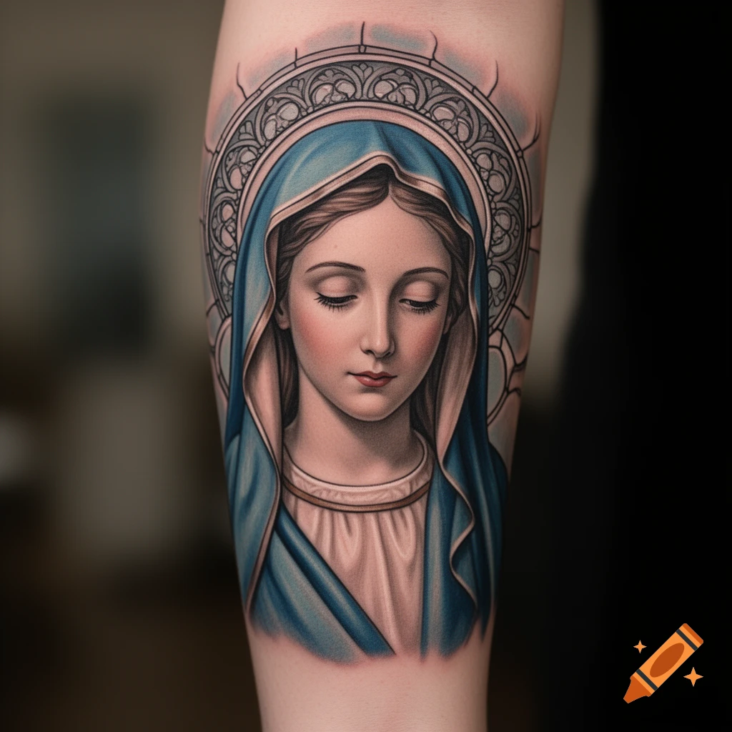 Detailed tattoo of the Virgin Mary with closed eyes, wearing a blue veil and white robes, framed by an ornate halo on an arm.