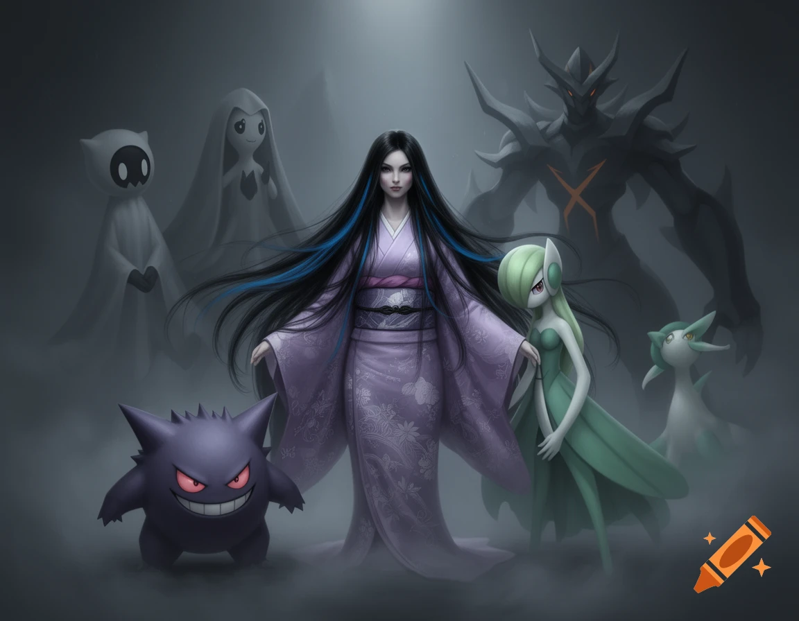 A woman with long black hair with blue streaks in a purple kimono, surrounded by various Pokémon in a misty, dark setting.