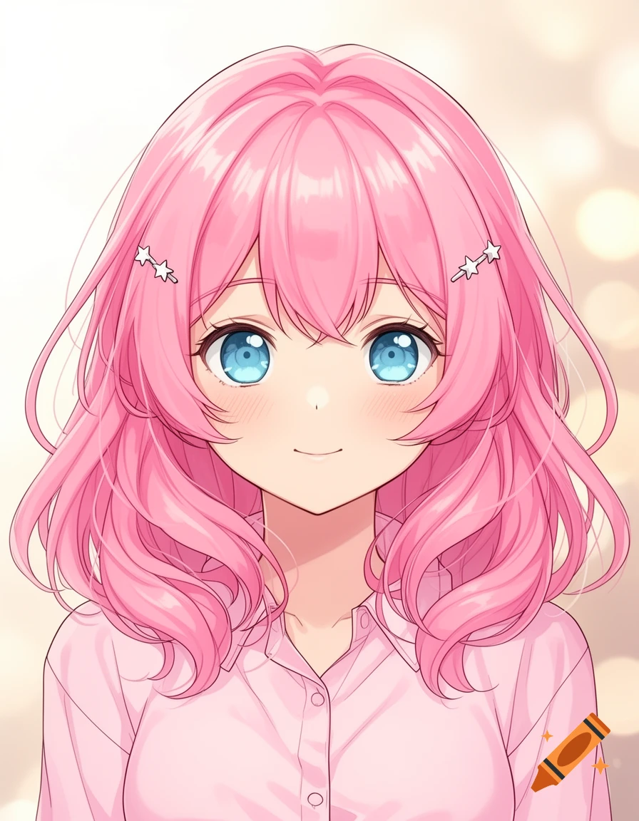 A smiling anime girl with bright pink hair, blue eyes, and small star clips in her hair, wearing a light pink collared shirt.
