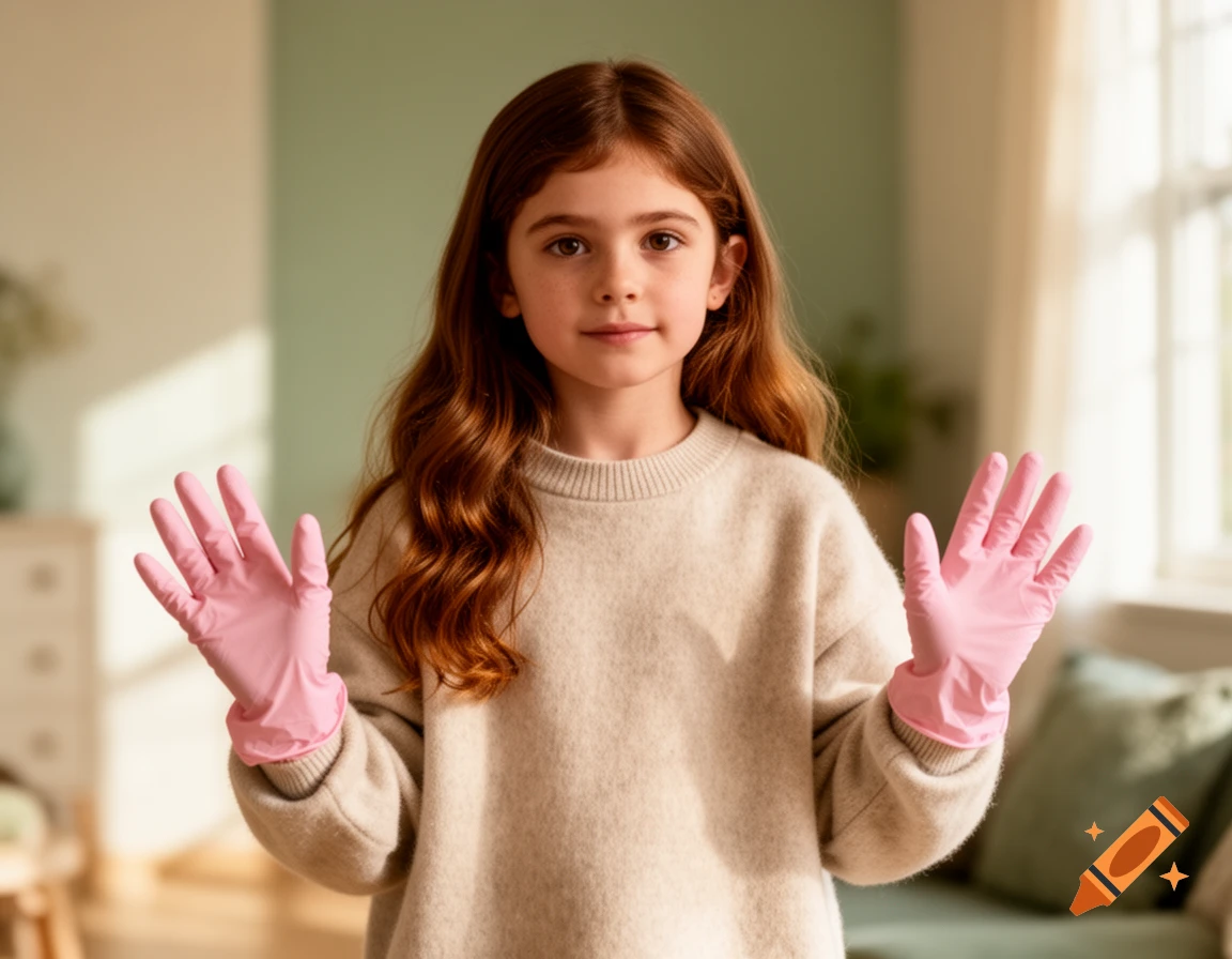A young girl with reddish-brown hair poses indoors, showing her hands in pink disposable gloves.