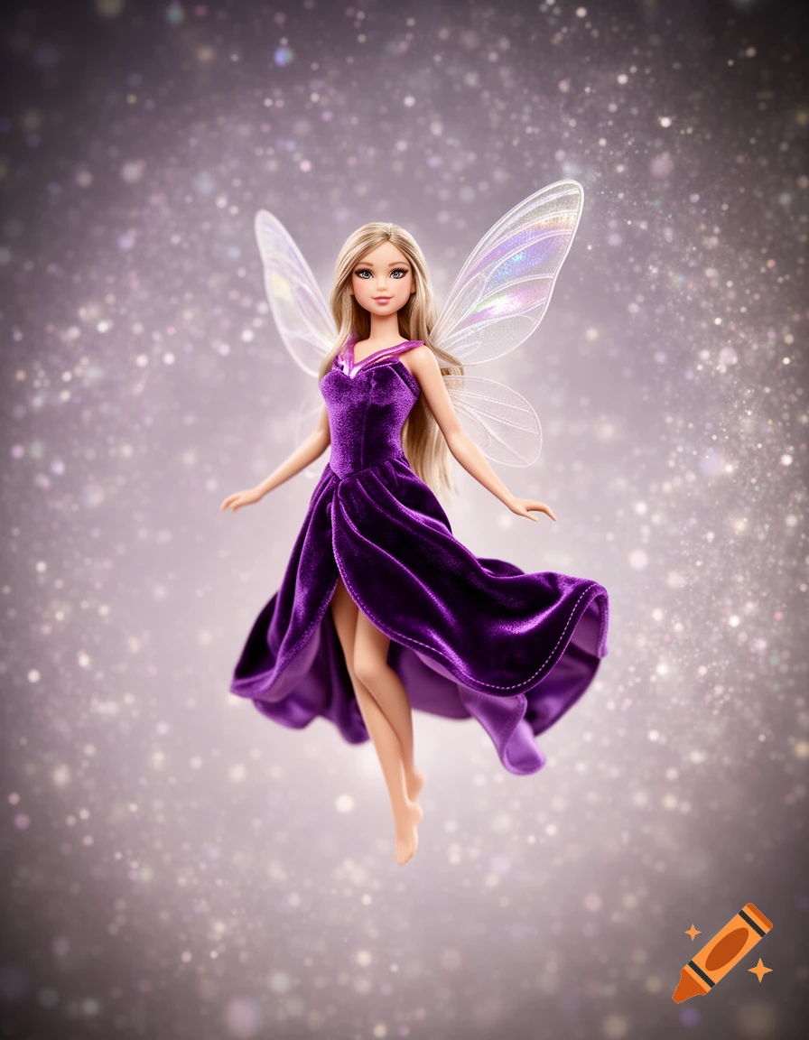A photorealistic fairy doll in a purple velvet dress and translucent wings floats against a glittery, glowing background.