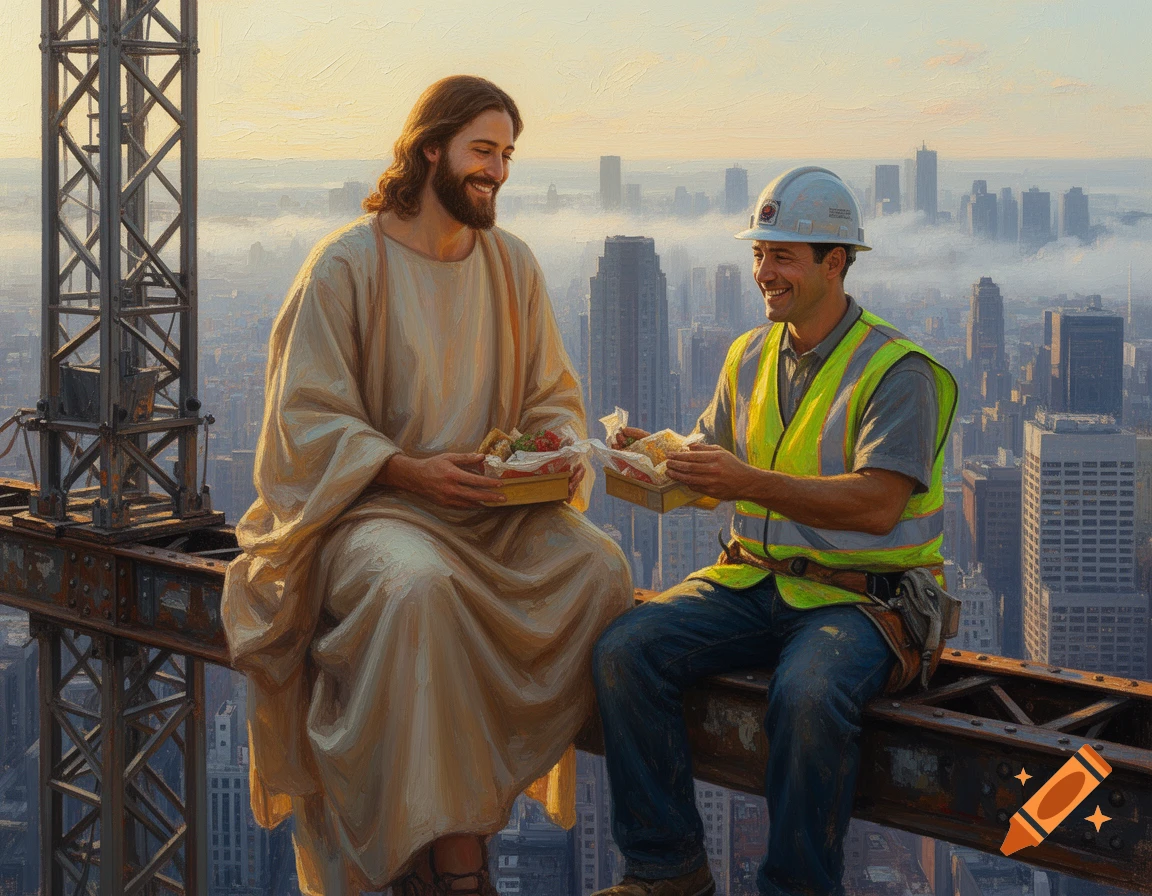 Oil painting of Jesus and a construction worker smiling and sharing lunch on a steel beam high above a city skyline.