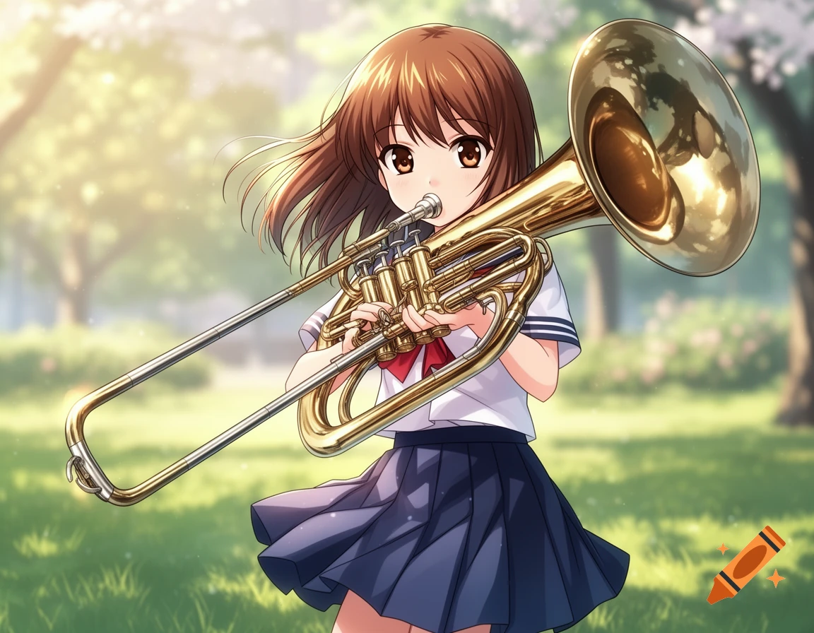 An anime girl with brown hair in a school uniform plays a gold tuba in a sunny park.