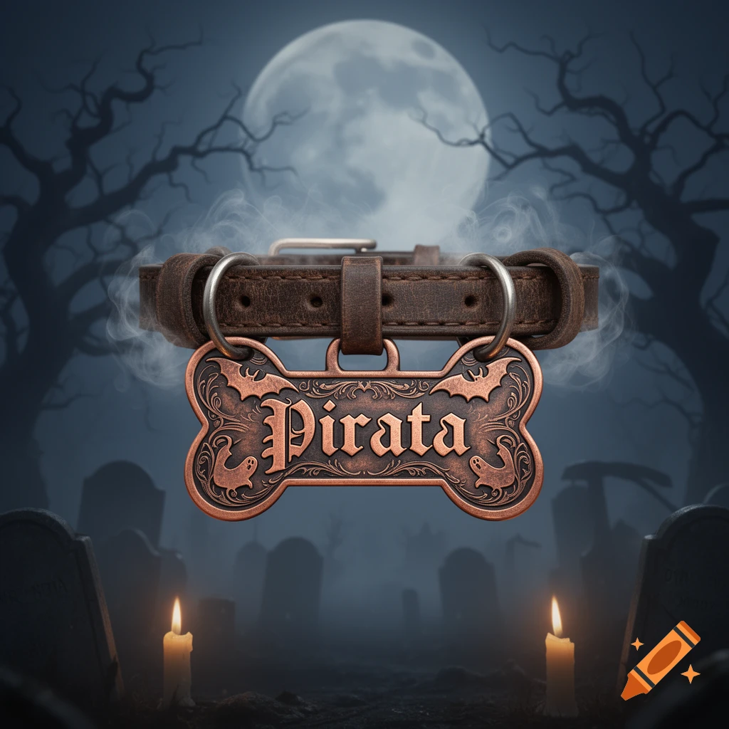 A close-up of a brown leather dog collar with a copper bone-shaped tag engraved with "Pirata" in a spooky graveyard under a full moon.