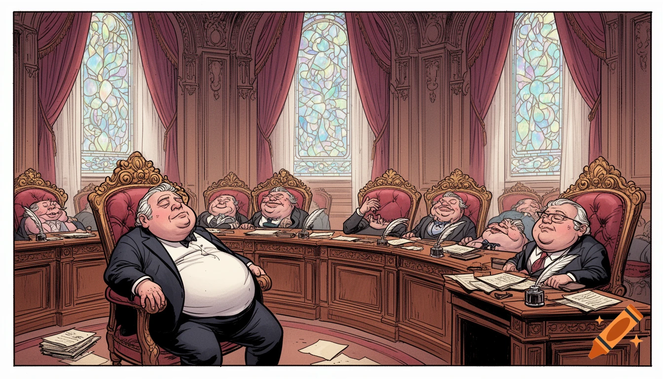 Cartoon of several overweight senators sleeping during a formal meeting in a grand room with stained glass windows.