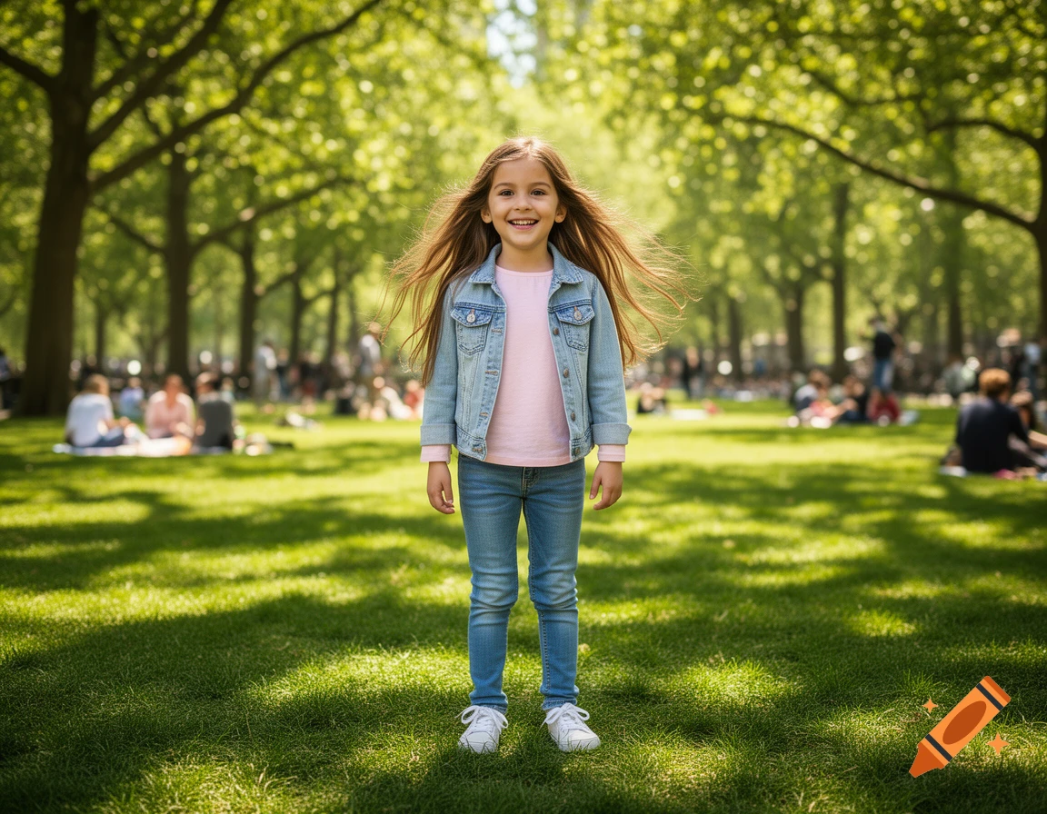 A smiling young girl with long hair stands centered in a sunny, green park with blurred background people and trees.