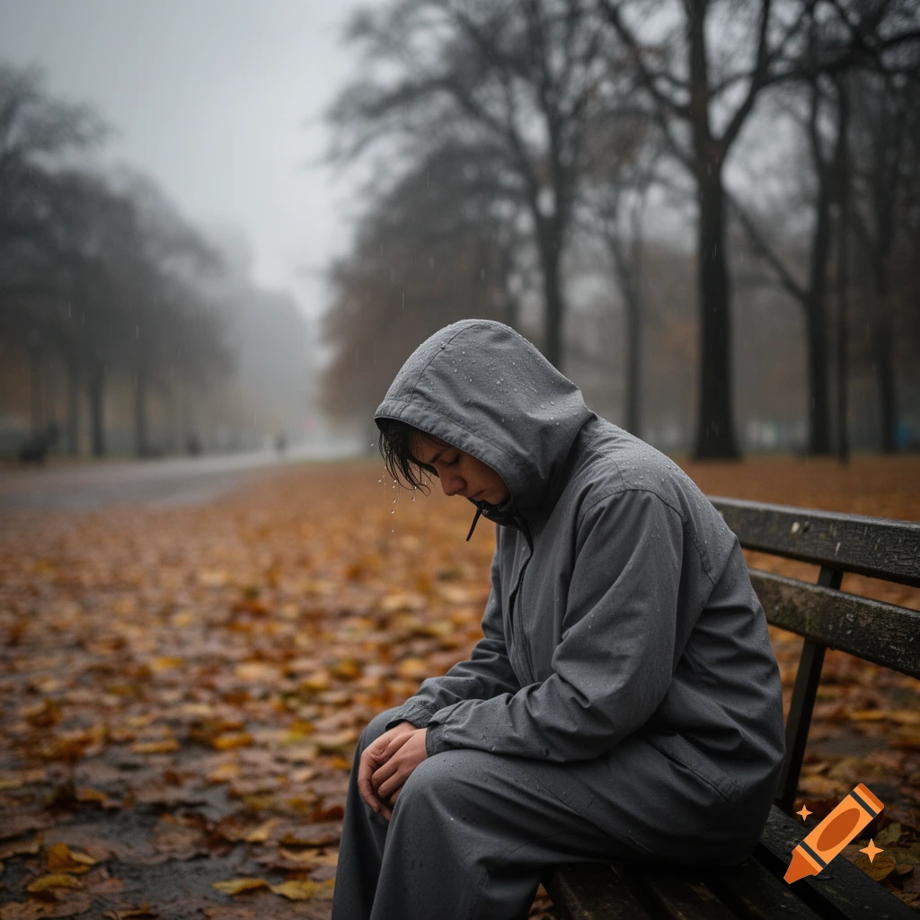 A person in a gray hooded jacket sits alone on a park bench covered in autumn leaves during a rainy, foggy day, looking down sadly.