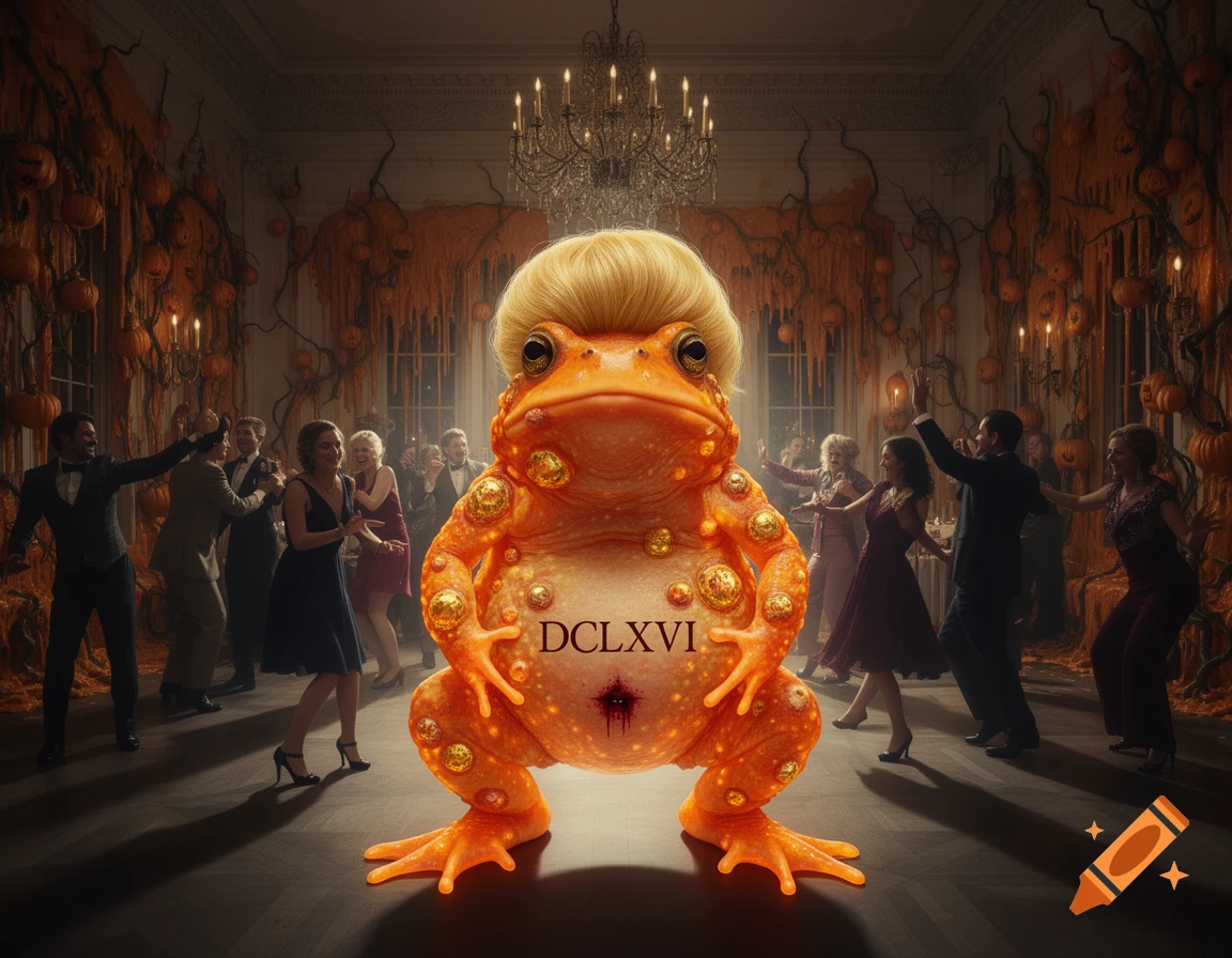 An orange, toad-like creature with a blonde pompadour and golden warts, with the Roman numerals DCLXVI on its belly, dances in a Halloween-decorated ballroom filled with people.
