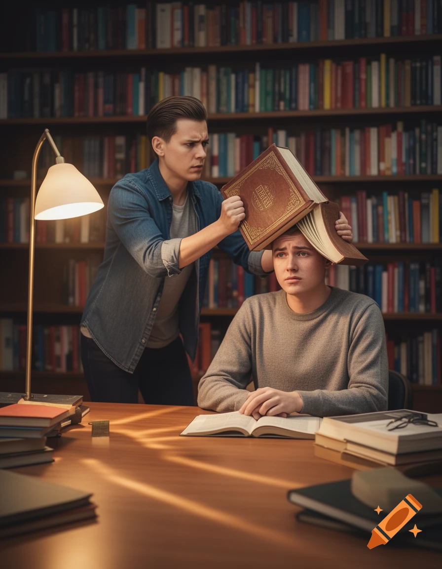 A young man playfully places a large book on another young man's head as they stand by a library table with bookshelves in the background.