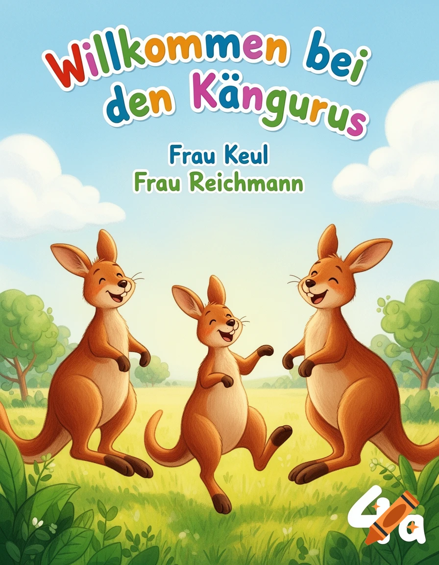 Colorful cartoon of three smiling kangaroos in a sunny field. Text reads 'Willkommen bei den Kängurus', 'Frau Keul', 'Frau Reichmann', '4a'.