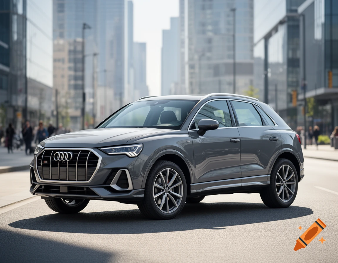 A grey Audi SUV, likely a Q3, is parked on a city street with tall buildings in the blurred background. The car is sleek and modern.
