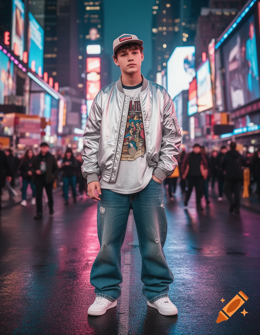 A stylish boy wearing a silver bomber jacket, baggy jeans, and a cap stands on a wet street at night, surrounded by neon city lights.