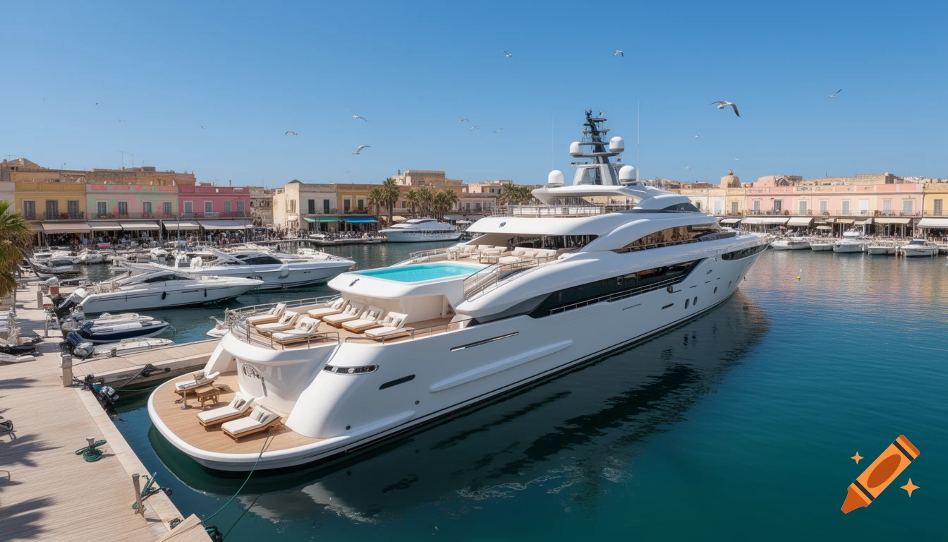 A large white luxury yacht with a pool docked in a vibrant harbor, surrounded by colorful buildings and smaller boats under a clear blue sky.