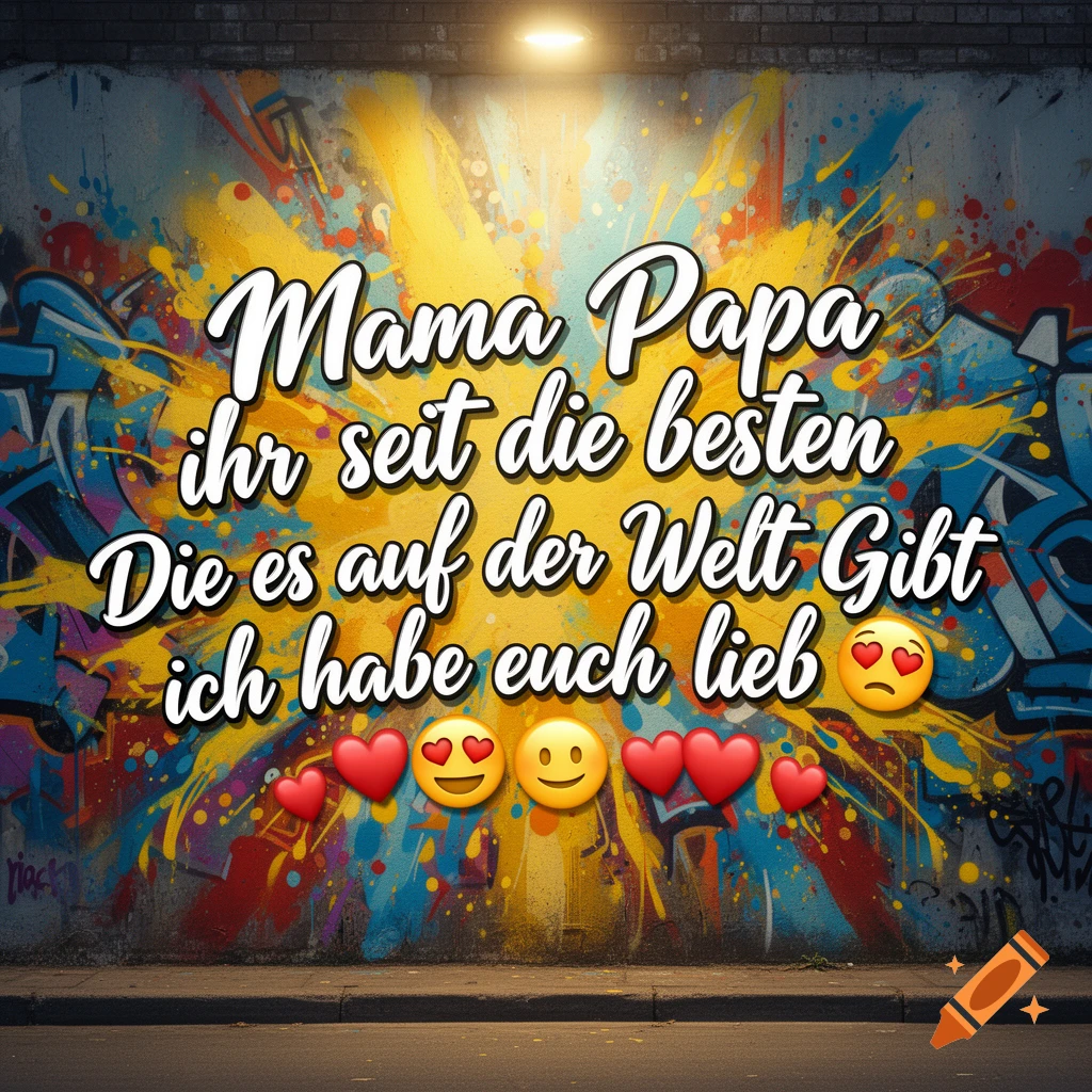 A graffiti-covered brick wall with a glowing light, featuring white cursive text "Mama Papa ihr seit die besten Die es auf der Welt Gibt ich habe euch lieb" and emojis.