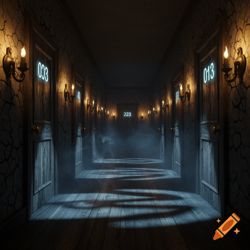A dark, eerie hallway with glowing numbered doors, sconces, and mist on the wooden floor.