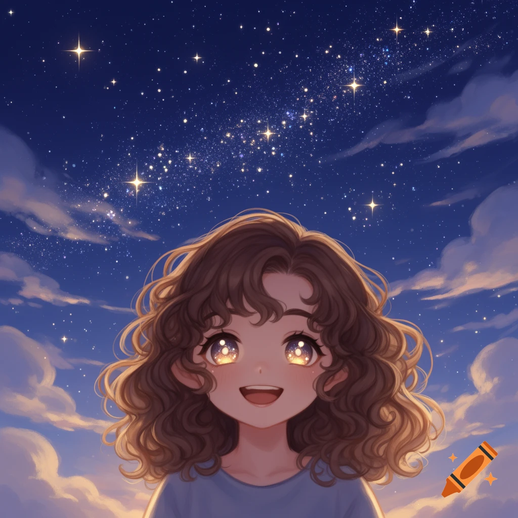 Anime girl with brown curly hair smiling up at a dark blue starry night sky with clouds.