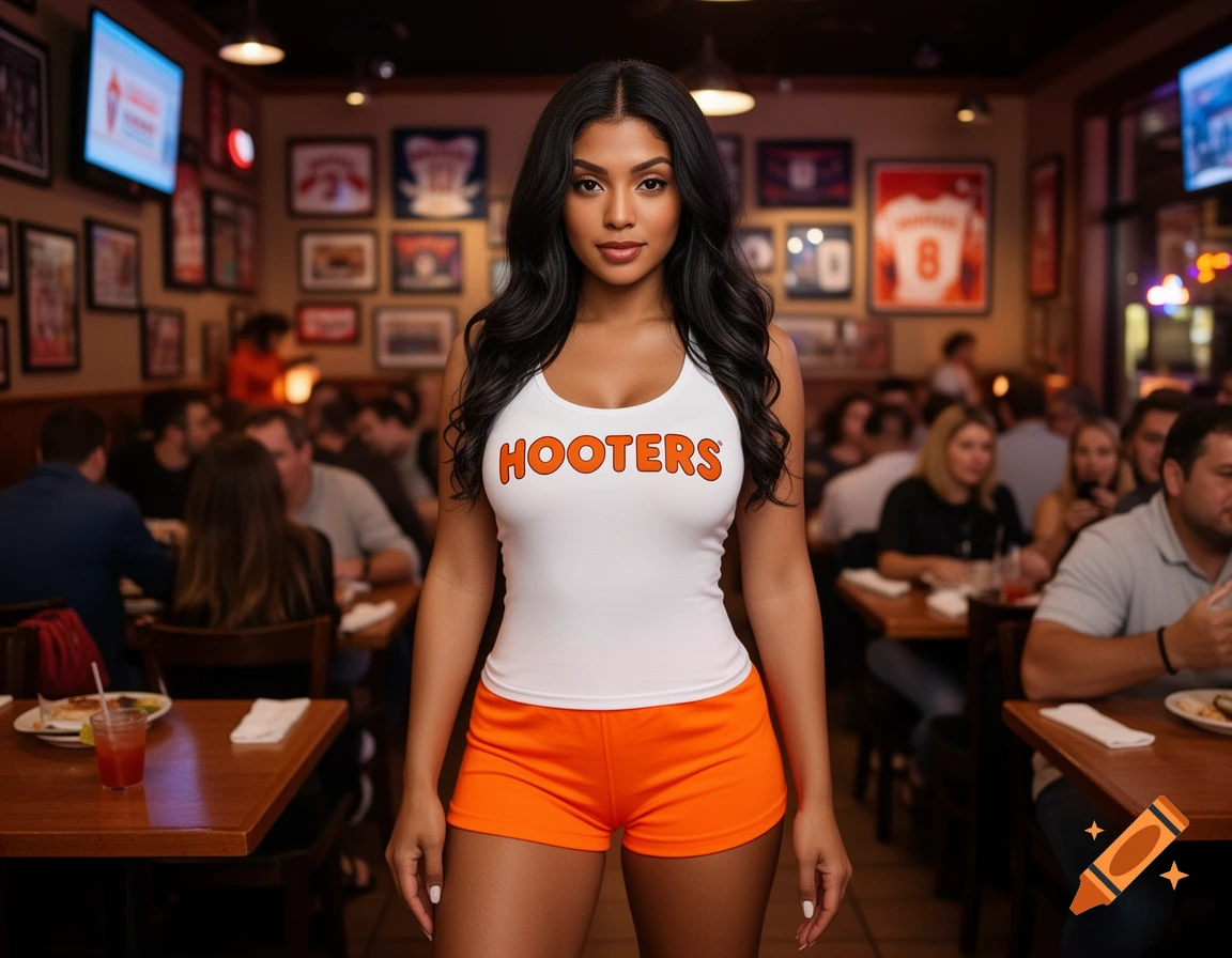 A woman with long dark hair, wearing a white "HOOTERS" tank top and orange shorts, stands in a bustling restaurant.