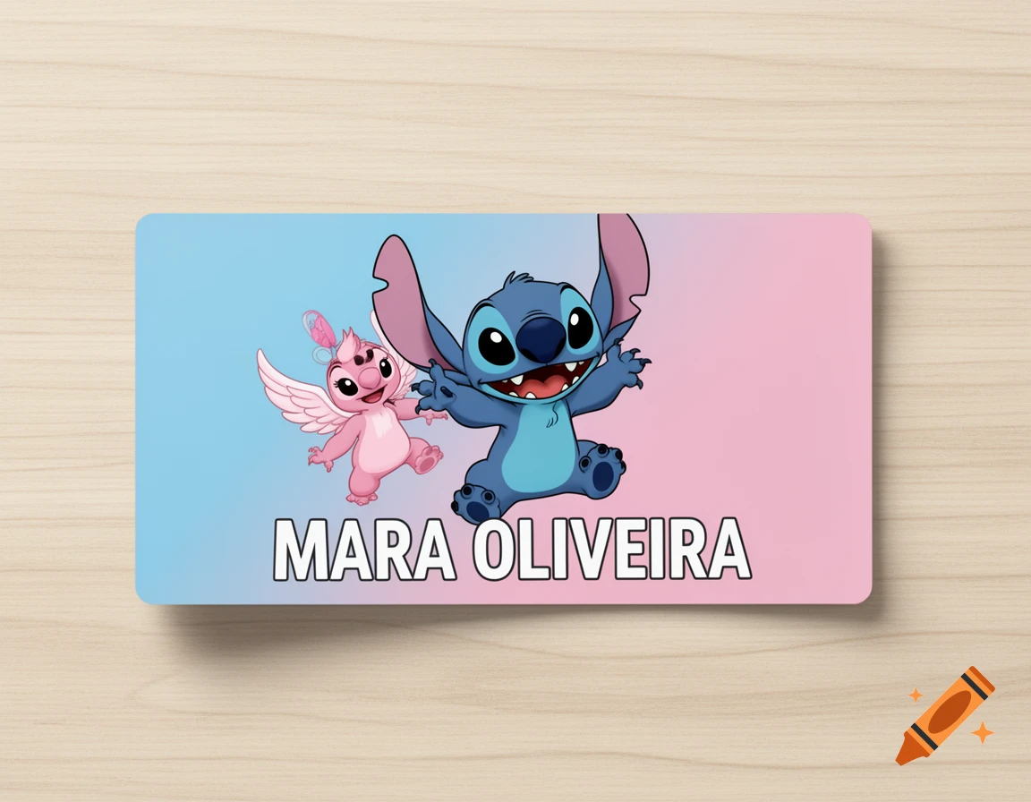 A rectangular school label featuring cartoon characters Stitch and Angel on a pink and blue gradient background, with the name MARA OLIVEIRA.