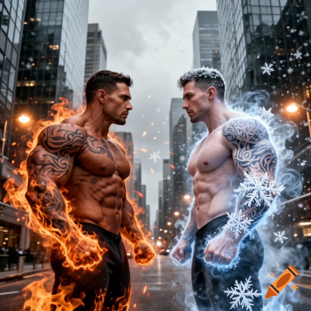 Two muscular men, one surrounded by fire and the other by ice, face each other intensely in a photorealistic city street.