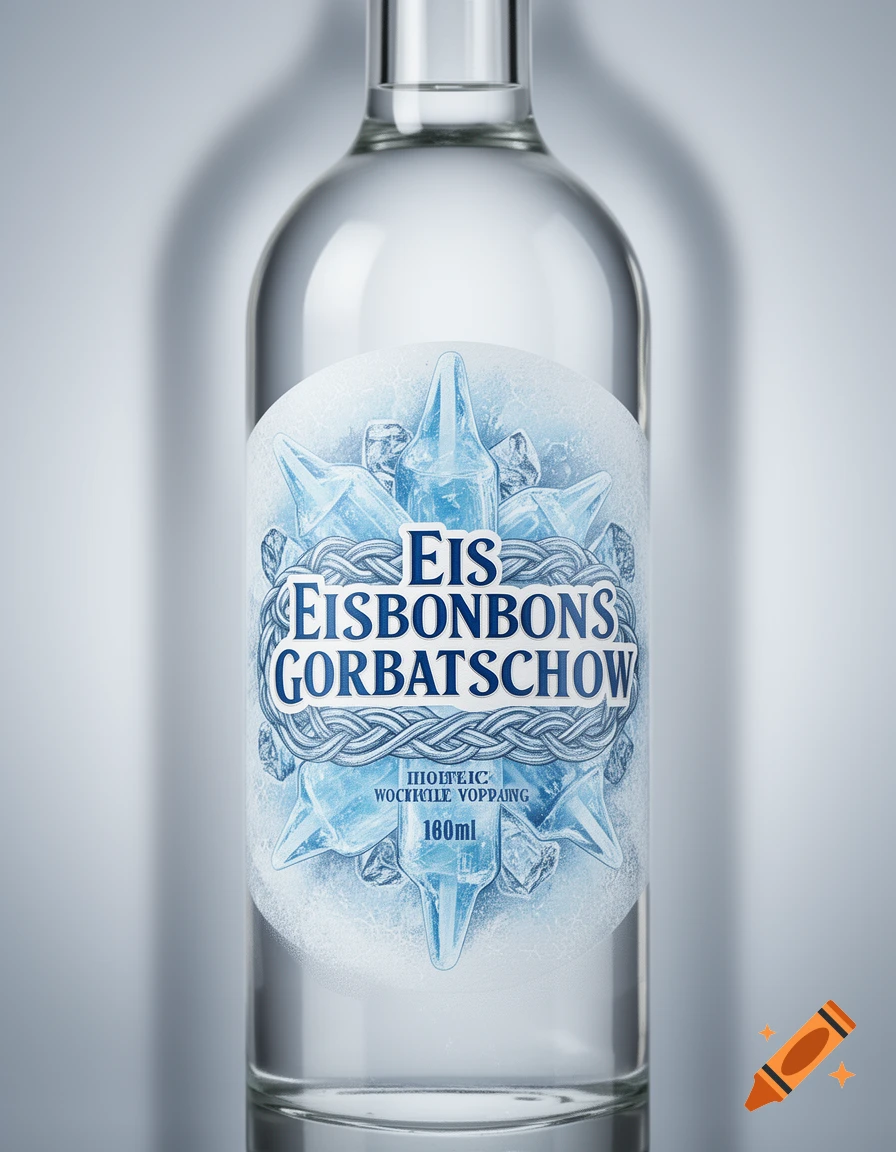 Clear glass bottle of Eisbonbonschnaps with a frosted label featuring blue ice crystals and 'Eis Eisbonbons Gorbatschow' text.