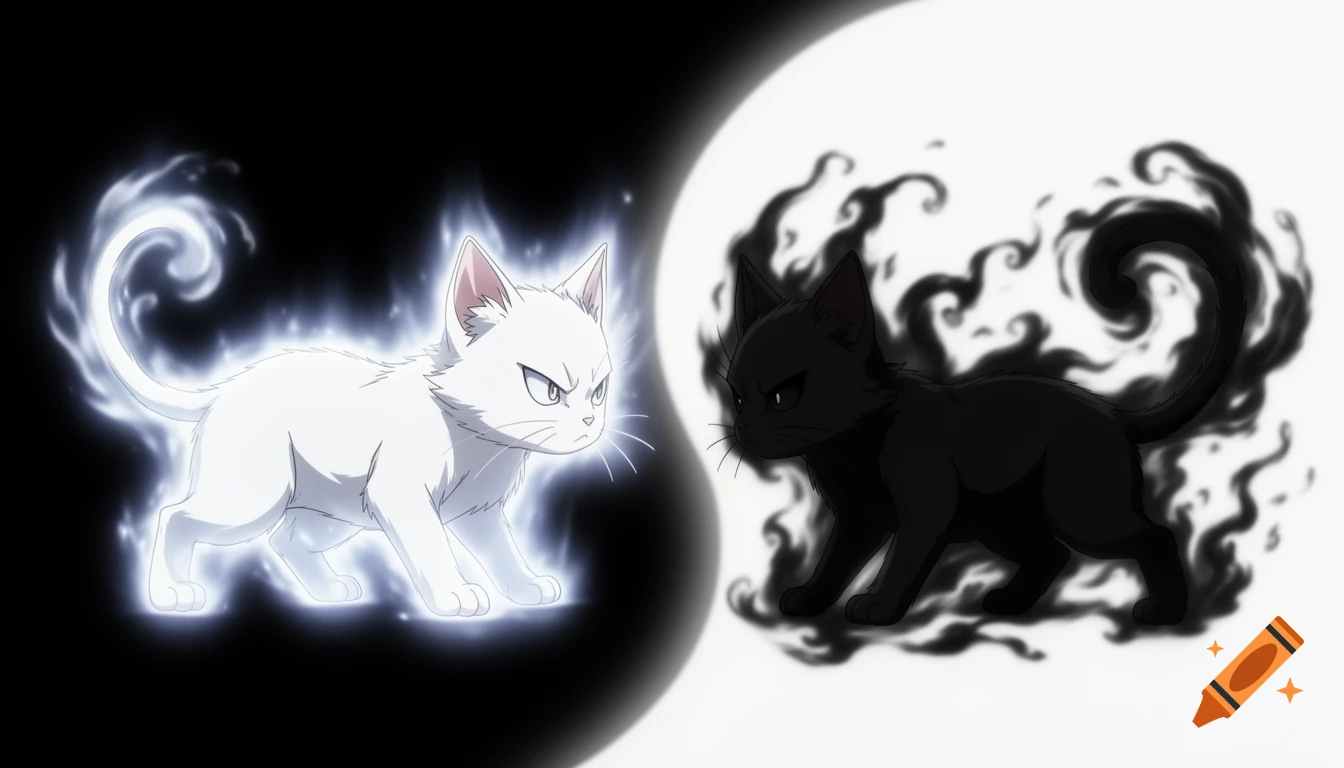A white anime kitten with a glowing light aura faces a black anime kitten with a smoky dark aura, against a split Yin-Yang background.