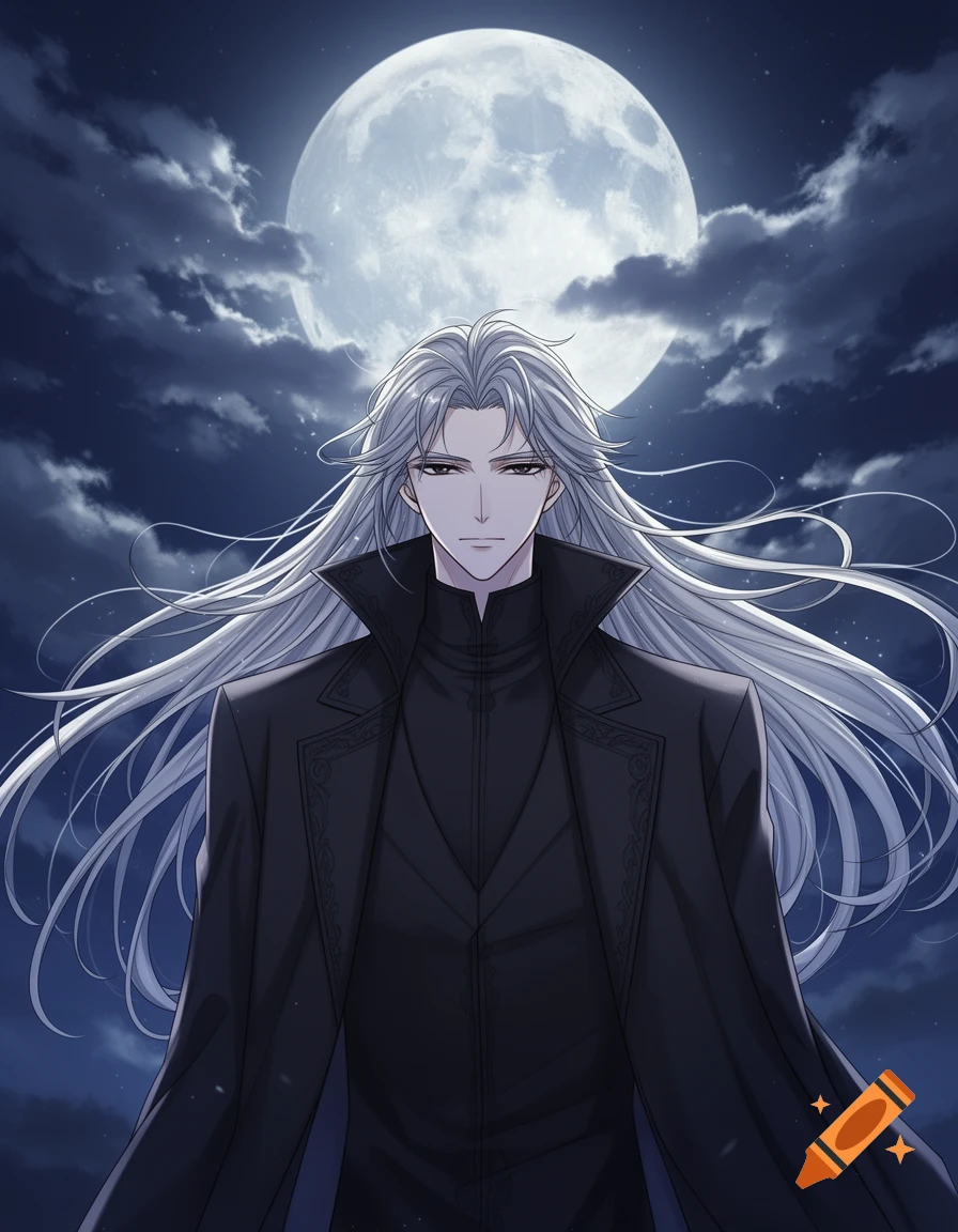 A handsome anime man with long silver hair and a dark coat stands under a full moon in a cloudy night sky.