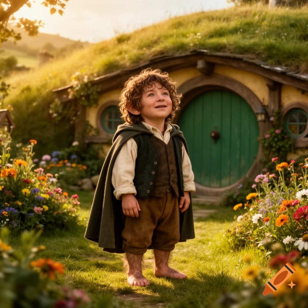 A young child dressed as a Hobbit with curly hair and large ears stands barefoot in a sunny garden with a Hobbit hole in the background.
