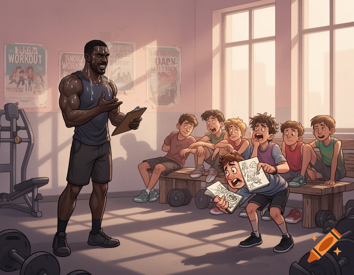 A muscular coach with a clipboard explains exercises to a group of young boys in a cartoon gym, while one boy holds a book of drawings.