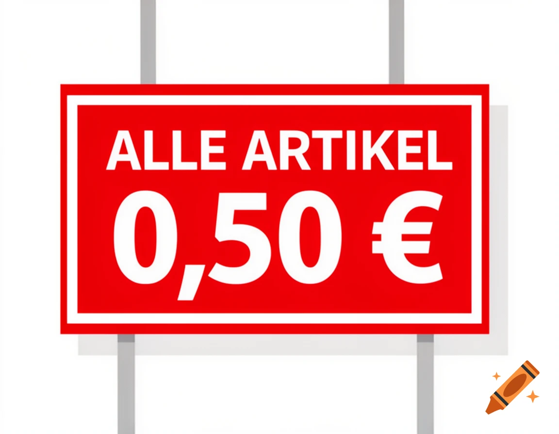 A red rectangular sign with white text that reads "ALLE ARTIKEL 0,50 ", suggesting a sale where all items are 50 cents.
