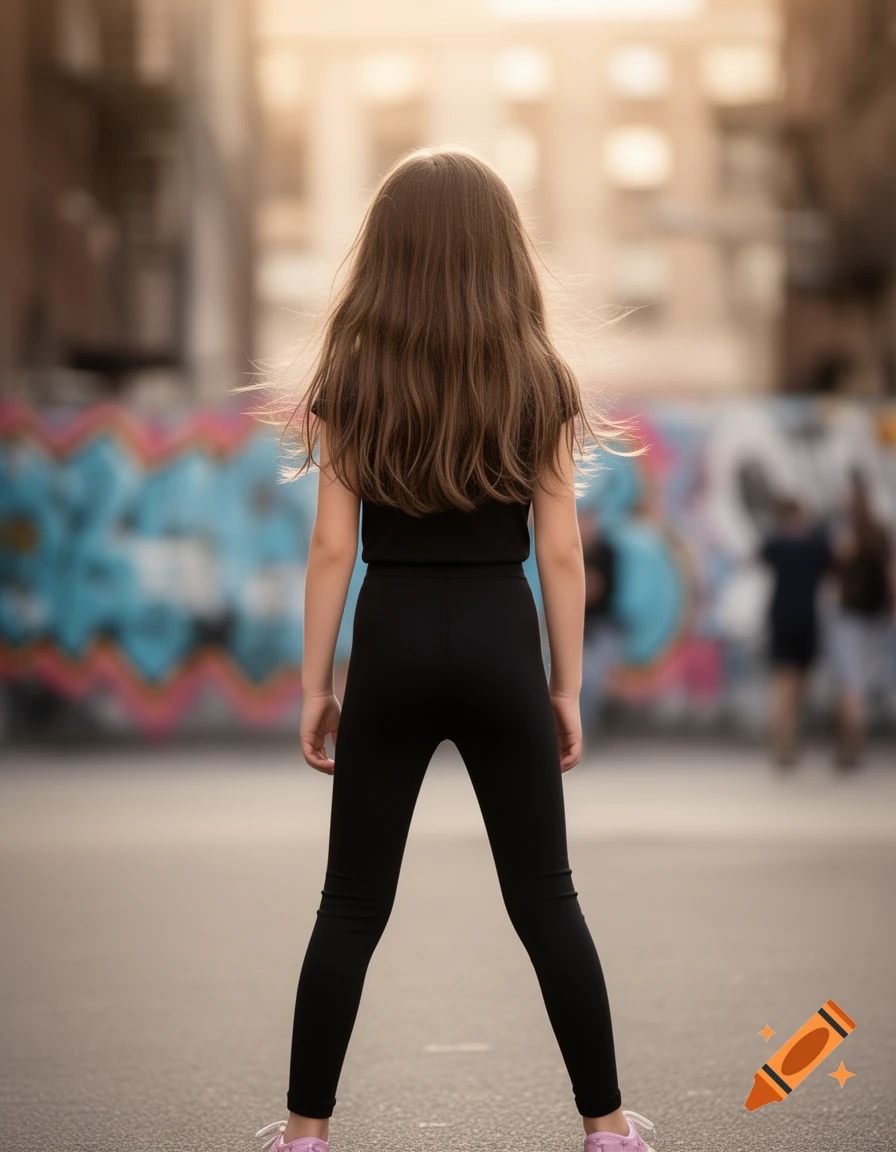 Young girl in black leggings and top, viewed from behind, standing in an urban alley with blurred graffiti walls and soft sunlight.