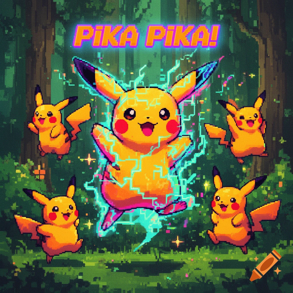 Multiple pixel art Pikachus in a forest, with the central one glowing with electricity and text 'PIKA PIKA!' above.