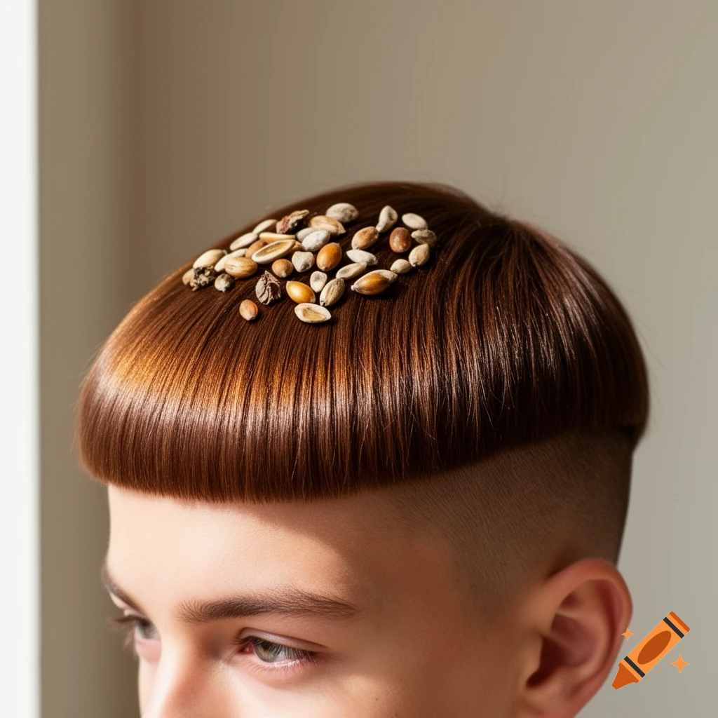 Photorealistic close-up of a person with a brown bowl cut, featuring a pile of seeds on their hair.