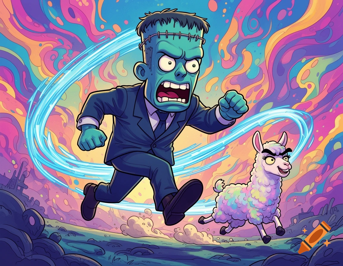 Cartoon Frankenstein monster in a suit running, chased by a mischievous llama, against a colorful swirling background.