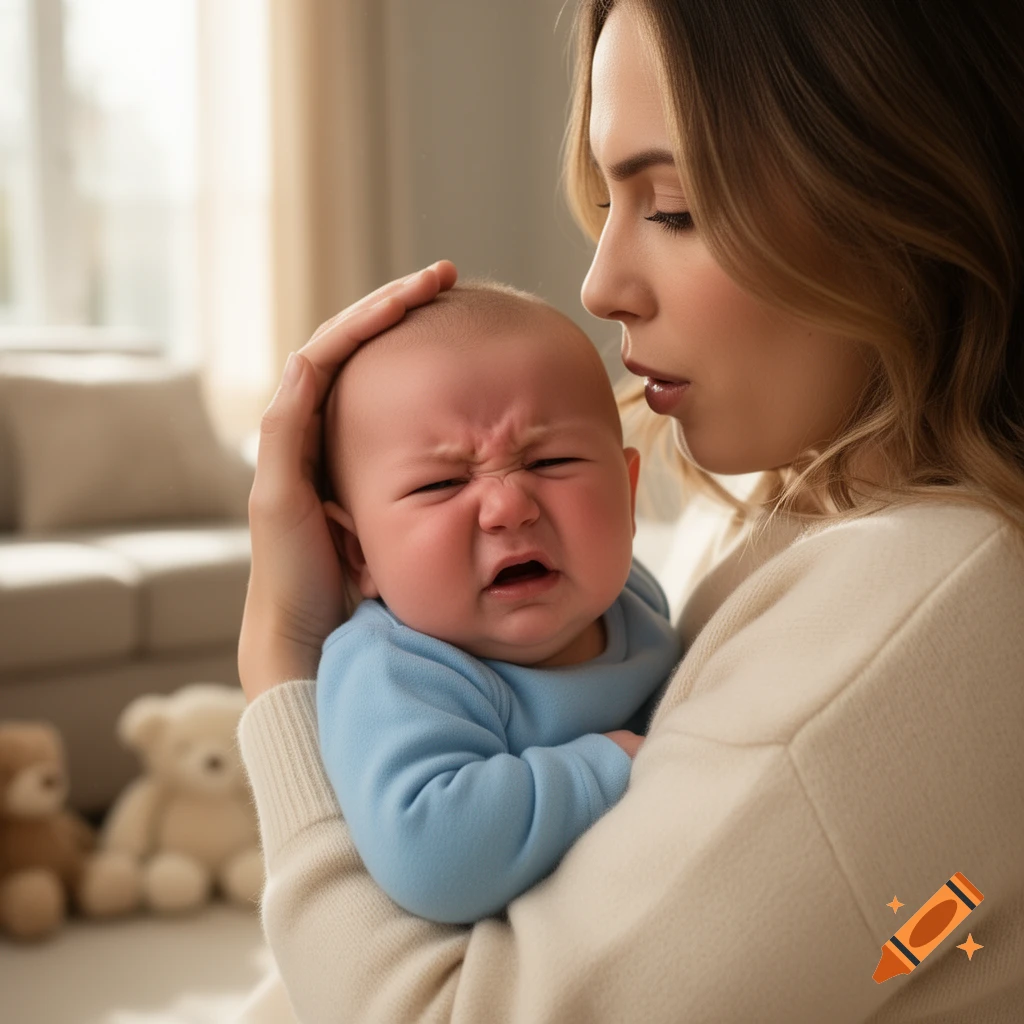 A photorealistic image of a mother holding a crying baby in a bright room.