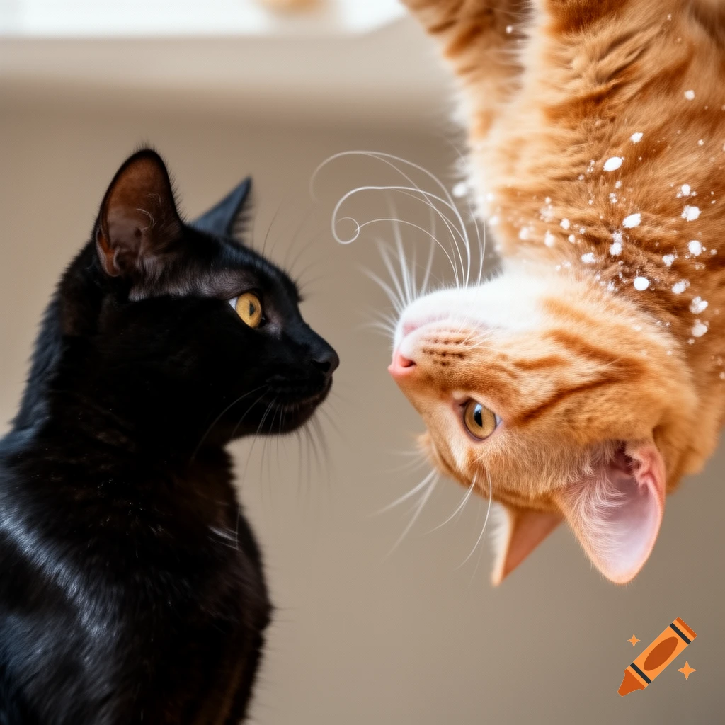 A black cat and an upside-down orange tabby cat face each other in profile against a light background.